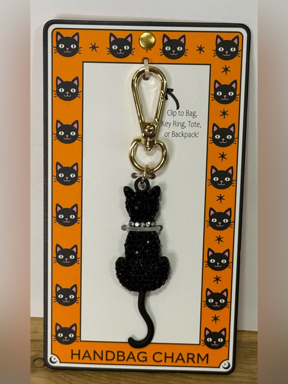 Black Cat Crystal Handbag Charm Key & Card Holder with Gold Clip